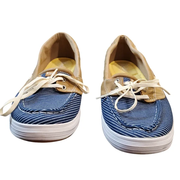 Keds Ortholite Navy White Tan Striped Loafers Shoes Laces Size 8.5 - Picture 5 of 12